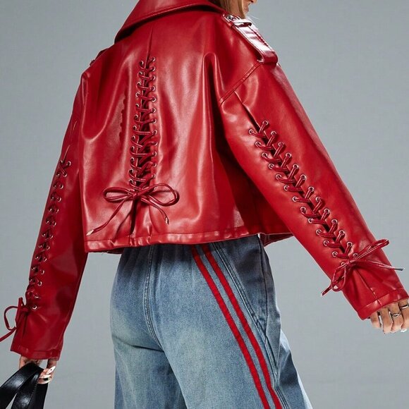 Red lace up details faux leather biker jacket - Picture 1 of 7
